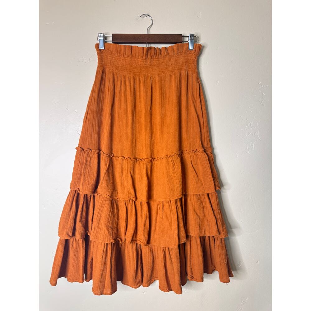 Free People Burnt Orange Gauze Crop Top Skirt Set Ruffle Midi Boho Size Large - Picture 3 of 8